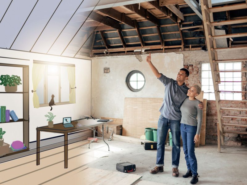 Ioan Damatarc – 15 Couple, new house and renovation with interior design illustration talking, planning future and dre.