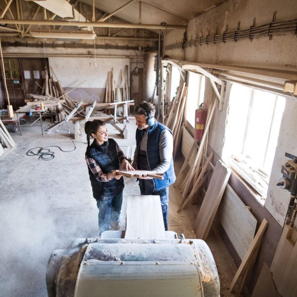 Man and woman workers in the carpentry workshop holding wood. Portrait of a man and woman workers in the carpentry workshop, holding a piece of wood.