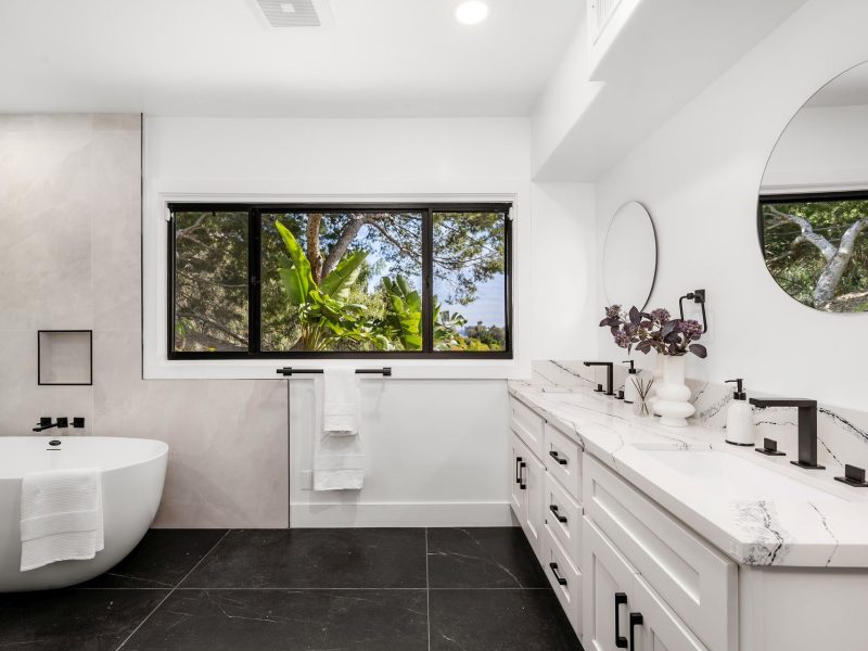 Modern Hollywood Hills home bathroom in Los Angeles, California, with a remodel of an older house A modern Hollywood Hills home bathroom in Los Angeles, California, with a remodel of an older house